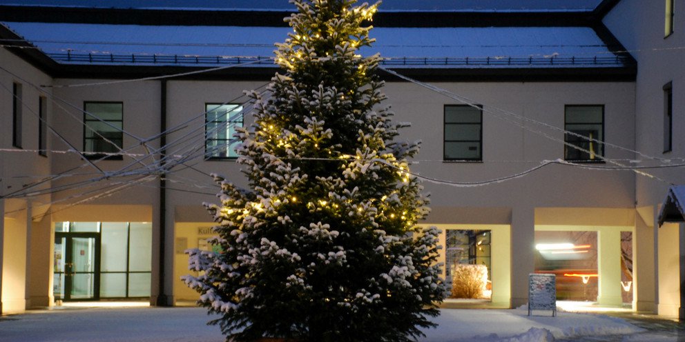 Dekoratives Bild mit einem Weihnachstbaum auf dem Mensavorplatz