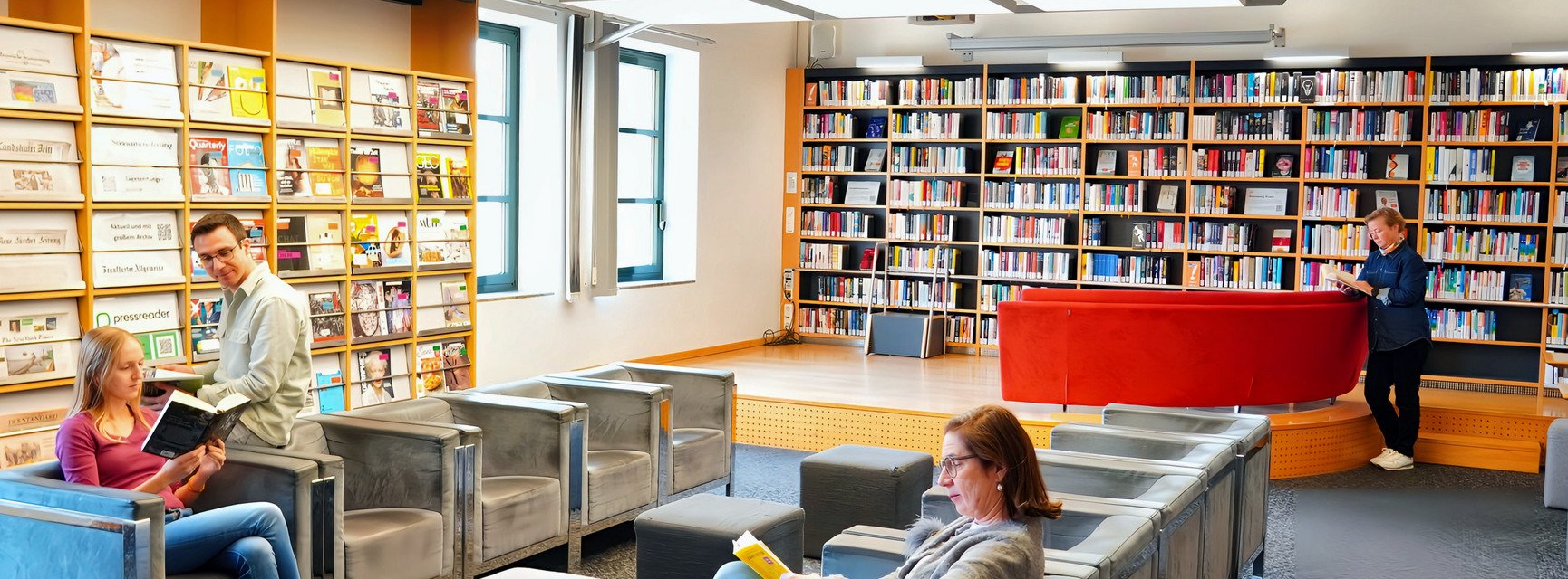 Picture of the Library Lounge with some people reading