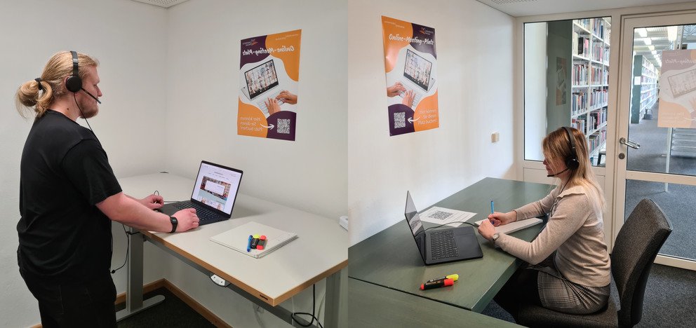 Two persons at the online meeting places of the Central Library respectively the Juridicum