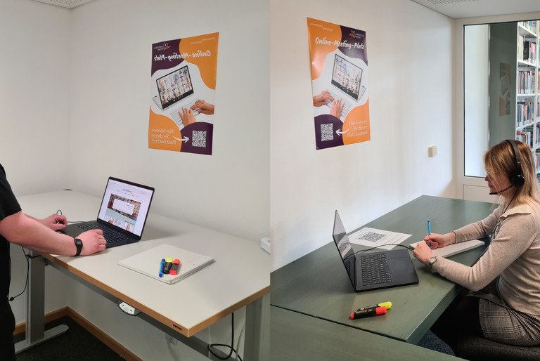 Zwei Personen an den Online-Meeting-Pl&auml;tzen der Zentralbibliothek bzw. des Juridicums