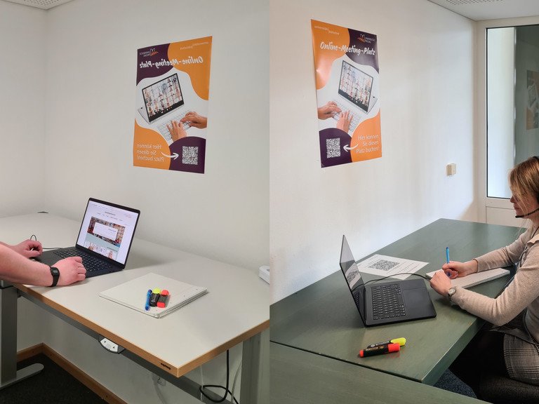 Zwei Personen an den Online-Meeting-Pl&auml;tzen der Zentralbibliothek bzw. des Juridicums
