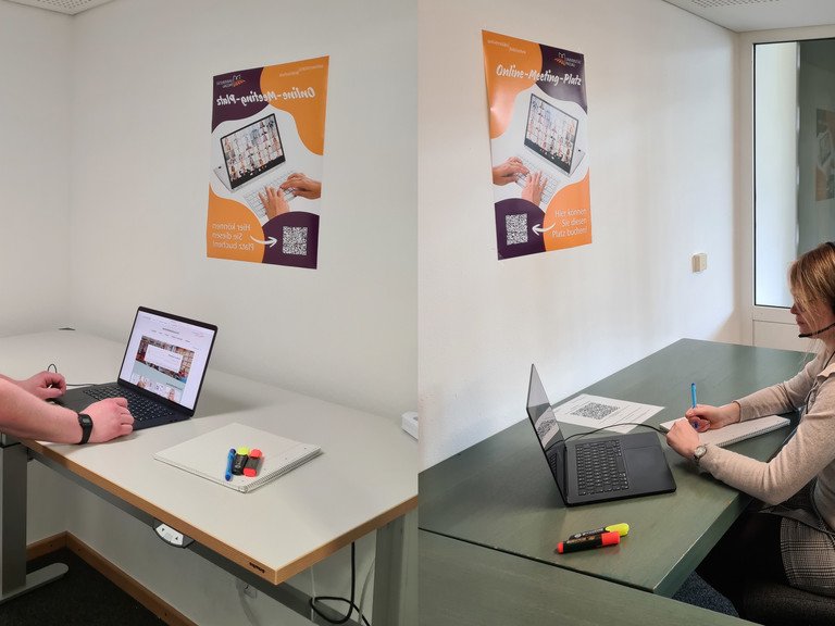 Zwei Personen an den Online-Meeting-Pl&auml;tzen der Zentralbibliothek bzw. des Juridicums