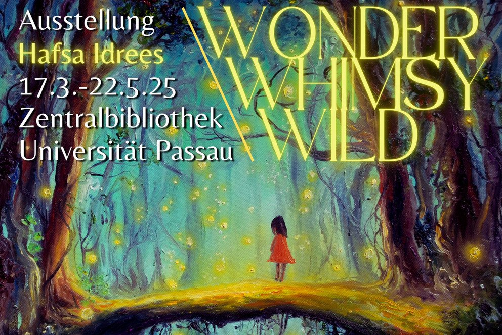 Name, time and place of the exhibition; in the background a part of an painting, a person in a mystical forest with lights