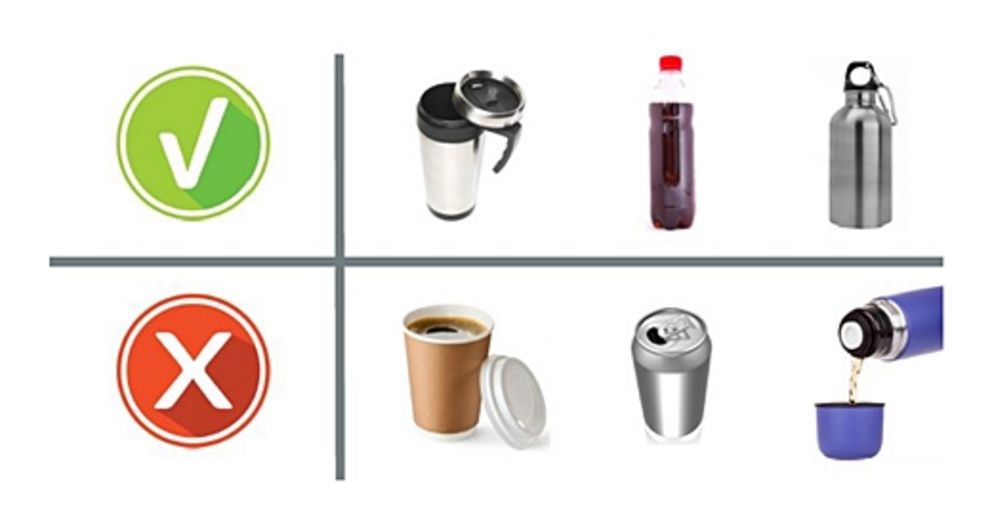 Neue Getränkeregelung; erlaubt sind verschließbare Thermosbecher, Flaschen mit Schraubverschluss, Sigg-Flaschen; nicht erlaubt sind Kaffee-To-Go-Becher, Dosen und Thermoskannen