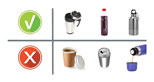 Neue Getränkeregelung; erlaubt sind verschließbare Thermosbecher, Flaschen mit Schraubverschluss, Sigg-Flaschen; nicht erlaubt sind Kaffee-To-Go-Becher, Dosen und Thermoskannen